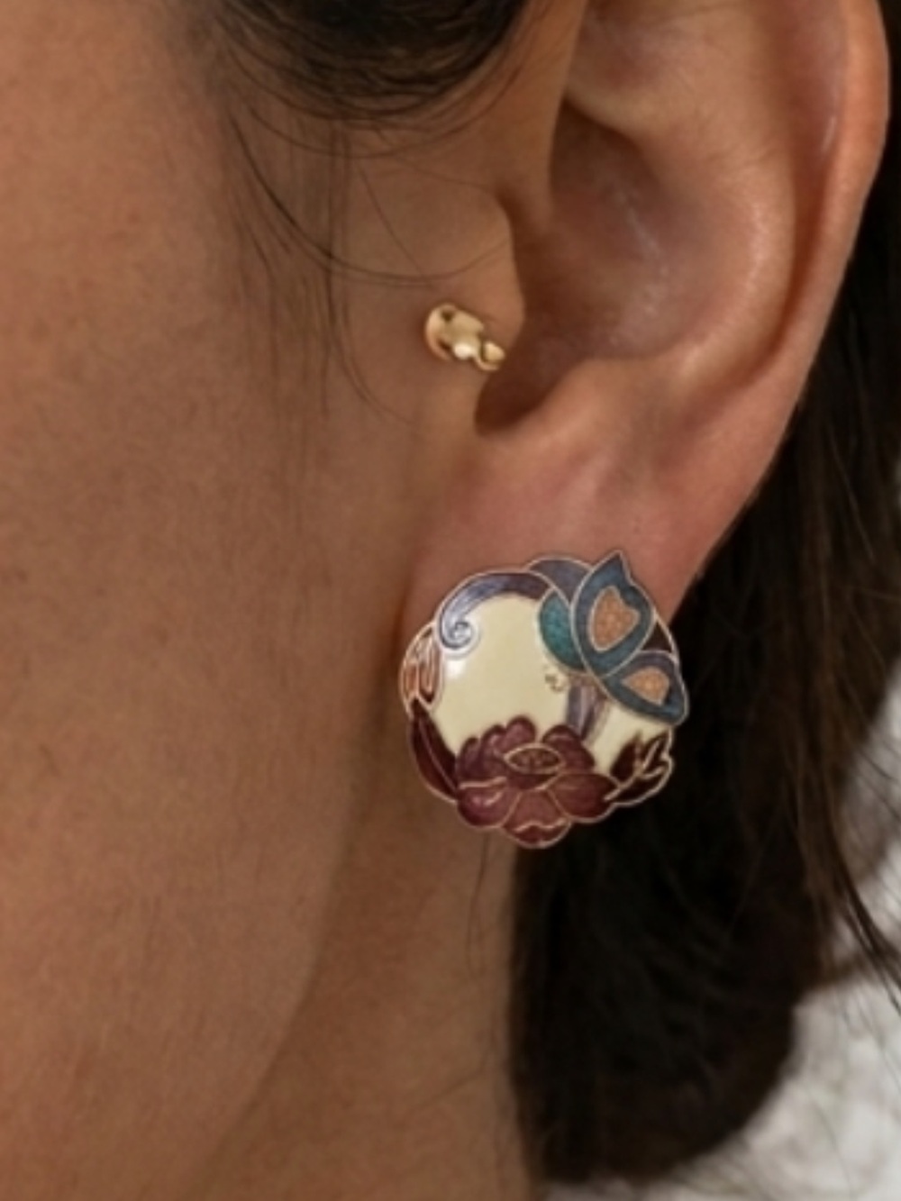 Vintage Multicolor Floral Butterfly Enamel Cloisonné  Stud Earrings